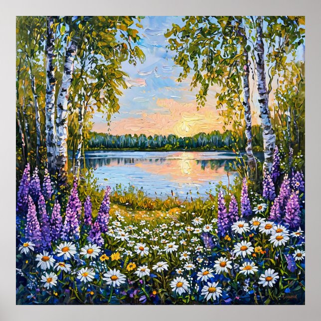 Björkskogs sjö Vildblomma Lugn Natur Serenitet Poster (Framsidan)