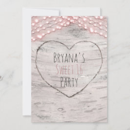 Björkträd Hjärt & Rosa Ljus Sweet 16 Inbjudan