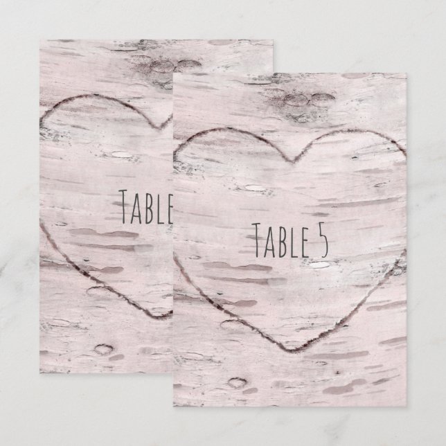 Björkträd & Skulpterad Hjärtformad Rustik Bordskor Inbjudningar (Fram/baksida)