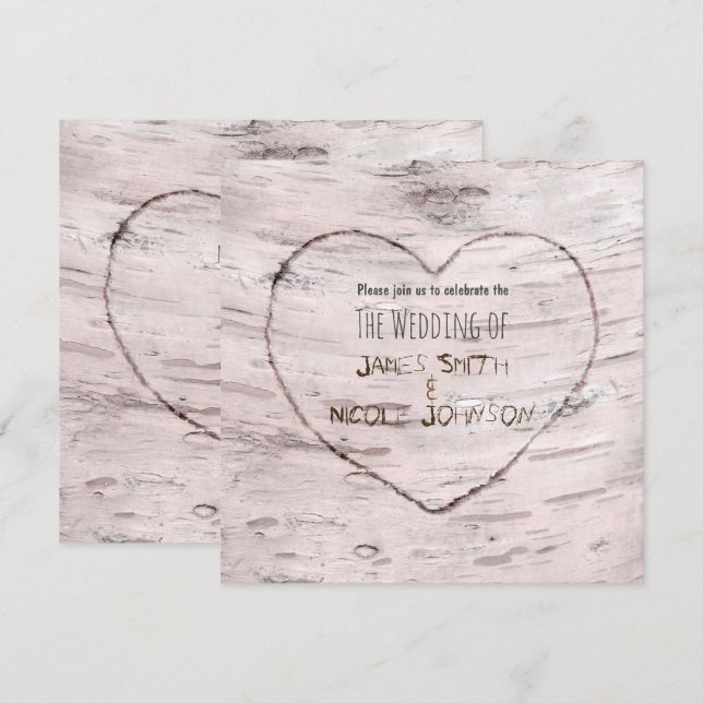 Björkträd & Skulpterade Bröllopsinbjudningar med H Inbjudningar (Fram/baksida)