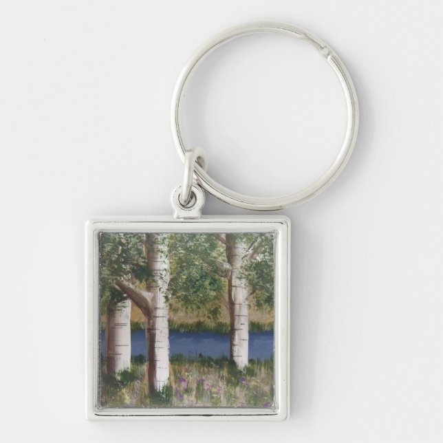 Björkträdkeychain Fyrkantig Silverfärgad Nyckelring (Framsidan)