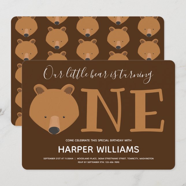 Björn 1:a födelsedag inbjudningar (Fram/baksida)