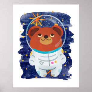 Björn Astronaut Flytande Rymden Stjärnor Akvarell Poster