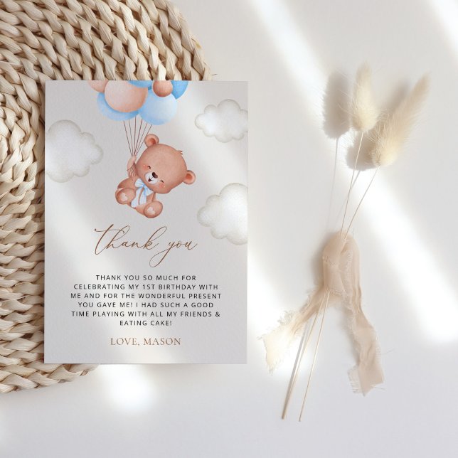 Björn baby, blå ballonger, första födelsedag tack kort (Skapare uppladdad)