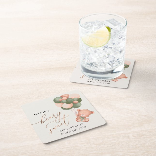 Björn baby, Grönt-ballonger, första födelsedag Underlägg Papper Kvadrat (Insitu)