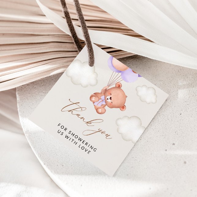 Björn baby, klumpbjörn, Lila-ballonger, babyskor Gåvor Etiketter (Skapare uppladdad)