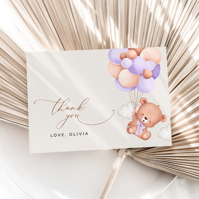 Björn baby, klumpbjörn, Lila-ballonger, babyskor Tack Kort (Skapare uppladdad)