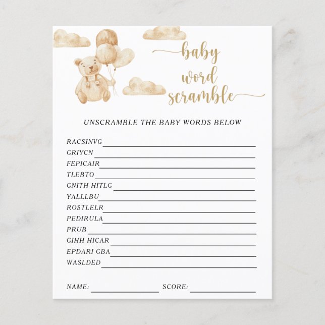 Björn Baby Ordsallad | Baby Shower Lek (Framsida)