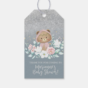 Björn Baby Shower Blommig Glitter Blå Boho Presentetikett