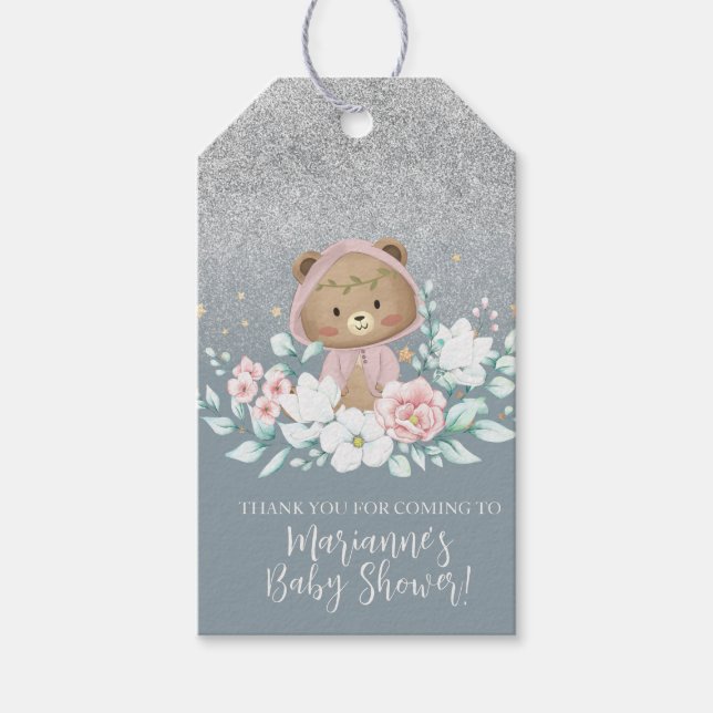 Björn Baby Shower Blommig Glitter Blå Boho Presentetikett (Framsidan)