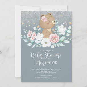 Björn Baby Shower Blommig Glitter Dämpad Rosa Blå Inbjudningar