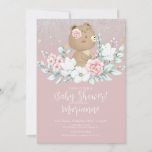 Björn Baby Shower Blommig Glitter Matt Rosa Inbjudningar