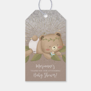 Björn Baby Shower Glitter Bohemian Stjärnor Guld Presentetikett