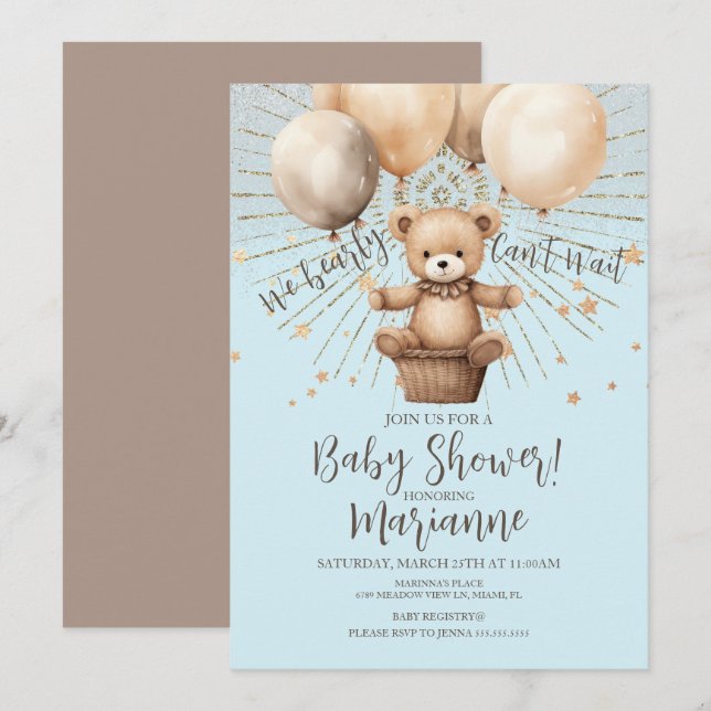 Björn Baby Shower Glitter Bohemisk Rustik Blå Inbjudningar (Fram/baksida)