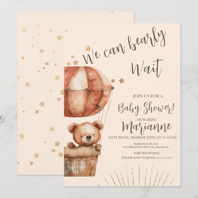 Björn Baby Shower Glittrande Stjärnor Rustik Inbjudningar (Fram/baksida)