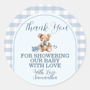 Björn Baby Skor Blå Rutig Baby Shower Tack Runt Klistermärke