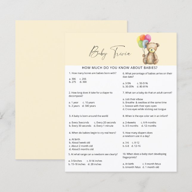 Björn - Baby Trivia | Baby Shower Spel (Fram/baksida)