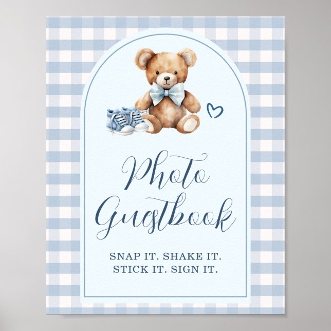 Björn Babyskor Blå Gingham Fotogästbok Poster (Framsidan)