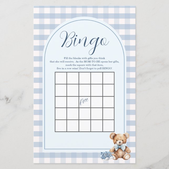 Björn Babyskor Gingham Baby Shower Bingo Spel (Framsida)