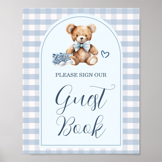 Björn Babyskor Gingham Baby Shower Gästbok Poster (Framsidan)