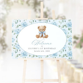 Björn, Båge, Blå Blommor, Första Födelsedags Hälsn Poster