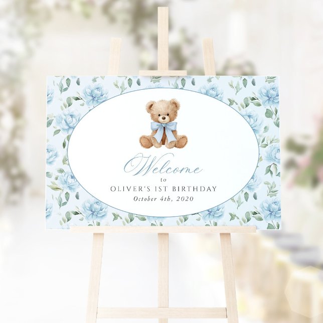 Björn, Båge, Blå Blommor, Första Födelsedags Hälsn Poster (Skapare uppladdad)