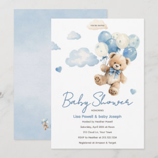 Björn ballong baby shower moln akvarell inbjudningar