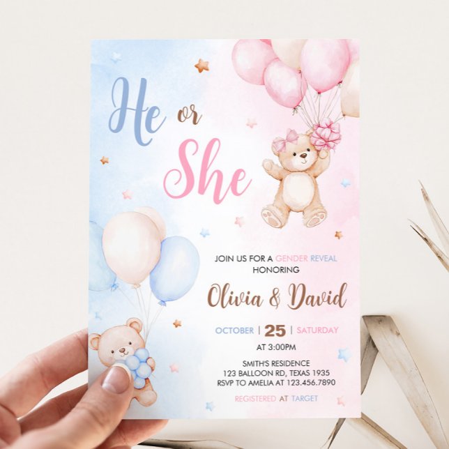 Björn Ballong Könsuppenbarelse  Inbjudningar (Bear Balloon He or She Gender Reveal Invitation)