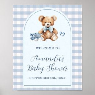 Björn Bebis Skor Blå Rutig Baby Shower Välkomstsky Poster