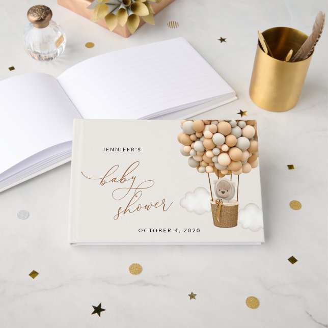 Björn, Beige-ballonger, Luftballong, babyskor Gästböcker (Framsida öppen)