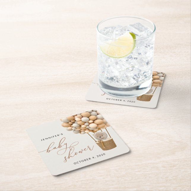 Björn, Beige-ballonger, Luftballong, babyskor Underlägg Papper Kvadrat (Insitu)