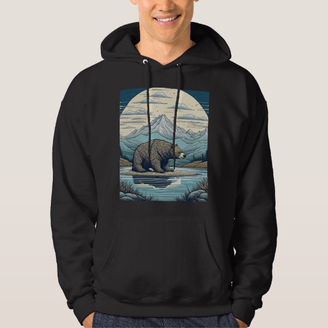 Björn, berg, Sjö, full månatlig Ai Art Hoodie (Framsida)