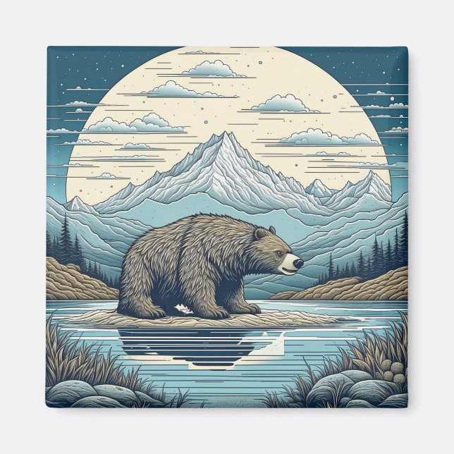 Björn, Berg, Sjö, Fullmåne Ai Konst Magnet (Framsidan)