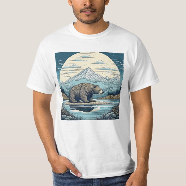 Björn, berg, sjö, fullmåne Ai konst T Shirt (Framsida)