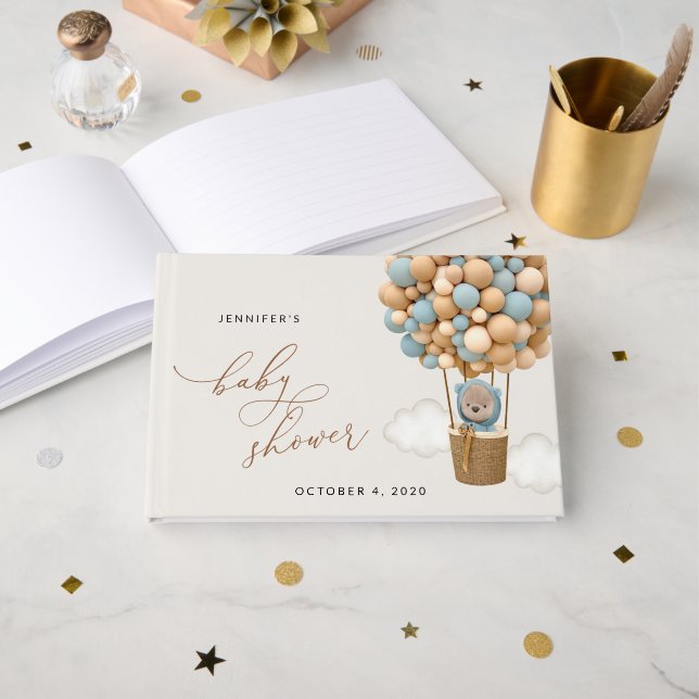 Björn, blå ballonger, Luftballong, babyskor Gästböcker (Framsida öppen)