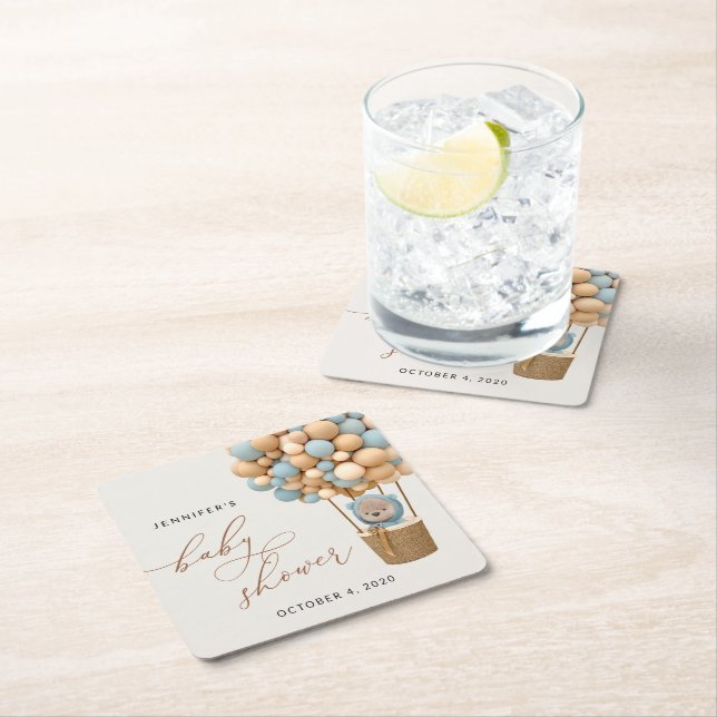 Björn, blå ballonger, Luftballong, babyskor Underlägg Papper Kvadrat (Insitu)