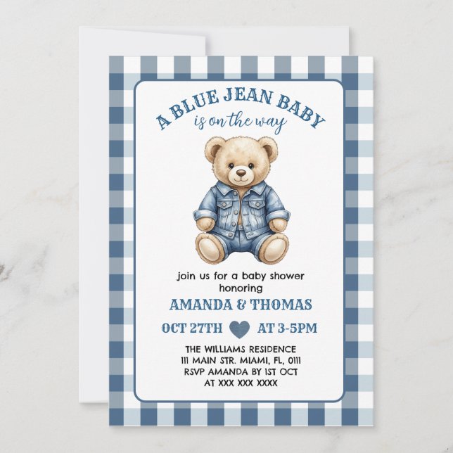 Björn Blå Jean Baby Shower Inbjudan (Framsida)