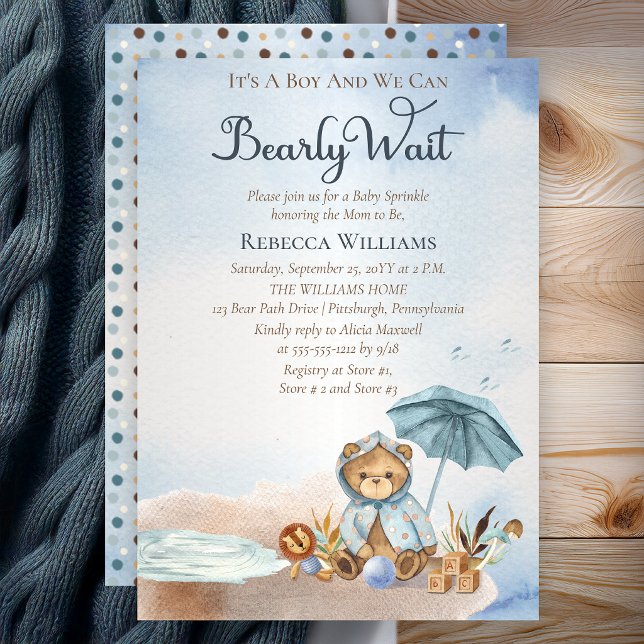 Björn | Blå paraplybjörn knappt väntar pojke baby  Inbjudningar (Teddy Bear Blue Umbrella Bearly Wait Boy Baby Sprinkle Invitation)