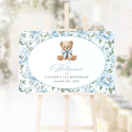 Björn, Bow, Blå Blommor, Första Födelsedags Välkom Poster