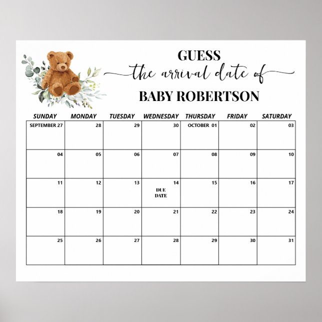 Björn Greenery Baby Shower Gissa Förlossningsdatum Poster (Framsidan)