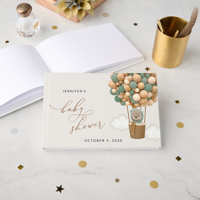 Björn, Grönt, Luftballong, babyskor Gästböcker (Framsida öppen)