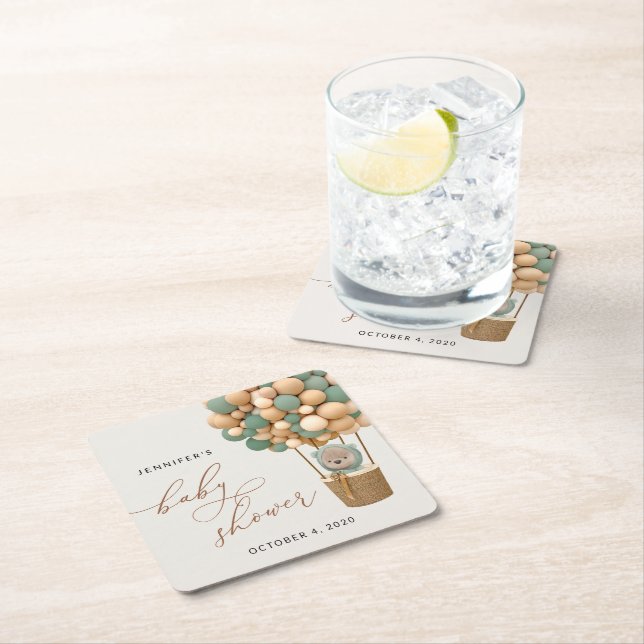 Björn, Grönt, Luftballong, babyskor Underlägg Papper Kvadrat (Insitu)