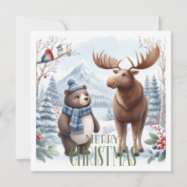 Björn, hjort och fåglar i naturen julkort (Framsida)