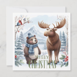 Björn, hjort och fåglar i naturen julkort