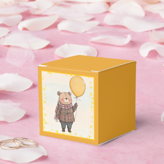 Björn i brunkolssötare med Gult Balloon Presentaskar (Bröllop)