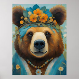 Björn i Krona med blommor Hippie Poster