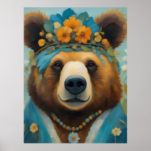 Björn i Krona med blommor Hippie Poster