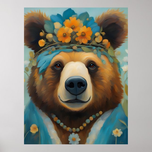 Björn i Krona med blommor Hippie Poster (Framsidan)