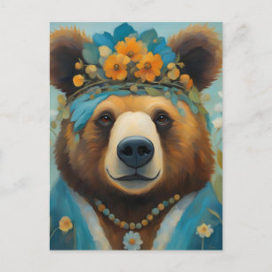Björn i Krona med blommor Hippie Vykort
