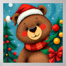 Björn i Santa Hat bland Julgranar Poster